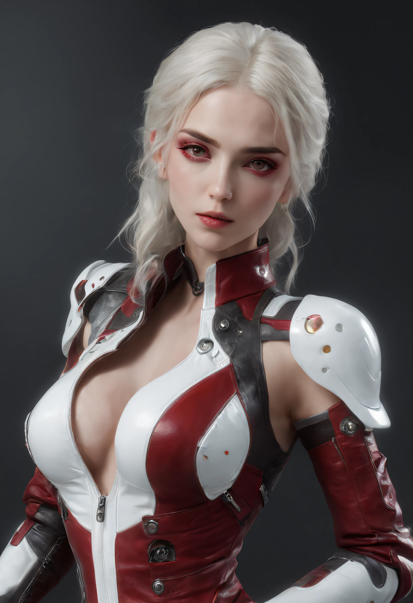 Cirilla Fiona Elen Riannon，Highest image quality，Outstanding details，超高分辨率，（Fidelity：1.4），The best illustration，Favor the details，closeup cleavage，A mech girl，He has a delicate and beautiful face，（（Red and white semi-mechanical body：1.8）），Raised sexy，cleavage，onbed，frontage，cyber punk perssonage，Futuristic，mechanically aesthetic，Complex machinery，The background is a high-tech lighting scene in the future city，Virtual Engine 5，Perfect detail rendering，rendering by octane，hyper HD