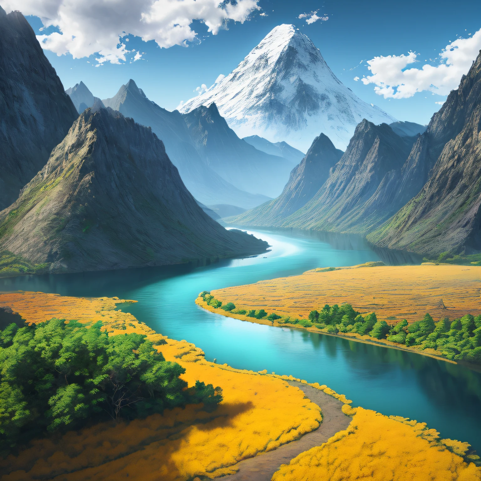 a river with a mountain in the background, a matte painting by Torii Kiyomitsu, shutterstock contest winner, color field, terragen, photo taken with ektachrome, vivid colors