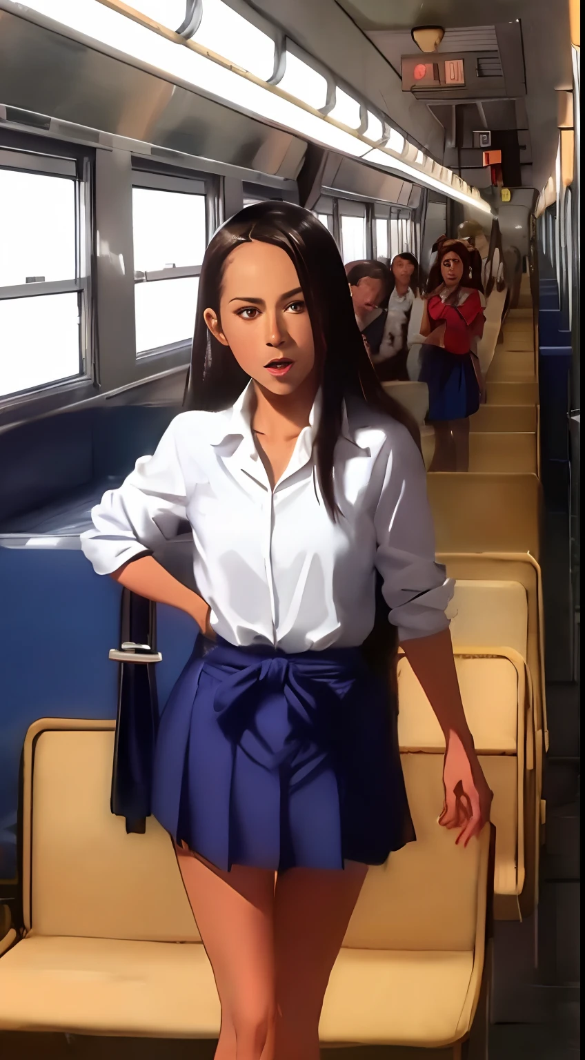 ((Robert Downey as a 14-year-old preteen girl)), blusa longa, Tiny pleated skirt, Waist-length black pantyhose, salto alto, foto de corpo inteiro, pele muito clara, cabelo raspado, train car occupied, fotorrealista, Indirect lighting, volumetric light, ray tracing, hiperdetalhado