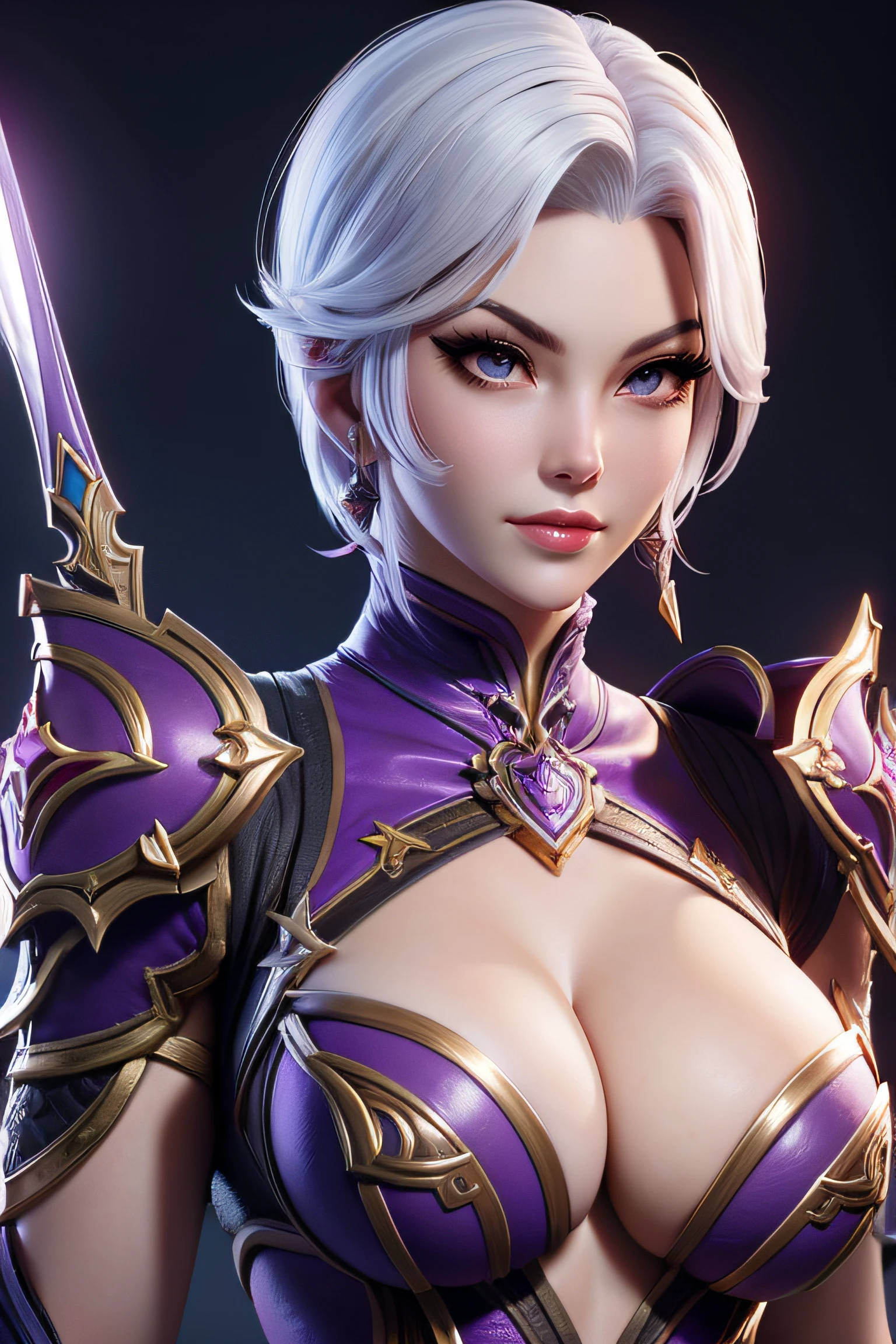 Close-up of a woman, ivy valentine from soul calibur, in china, medium breasts, cleavage, 4k quality, sexy, short hair, white hair