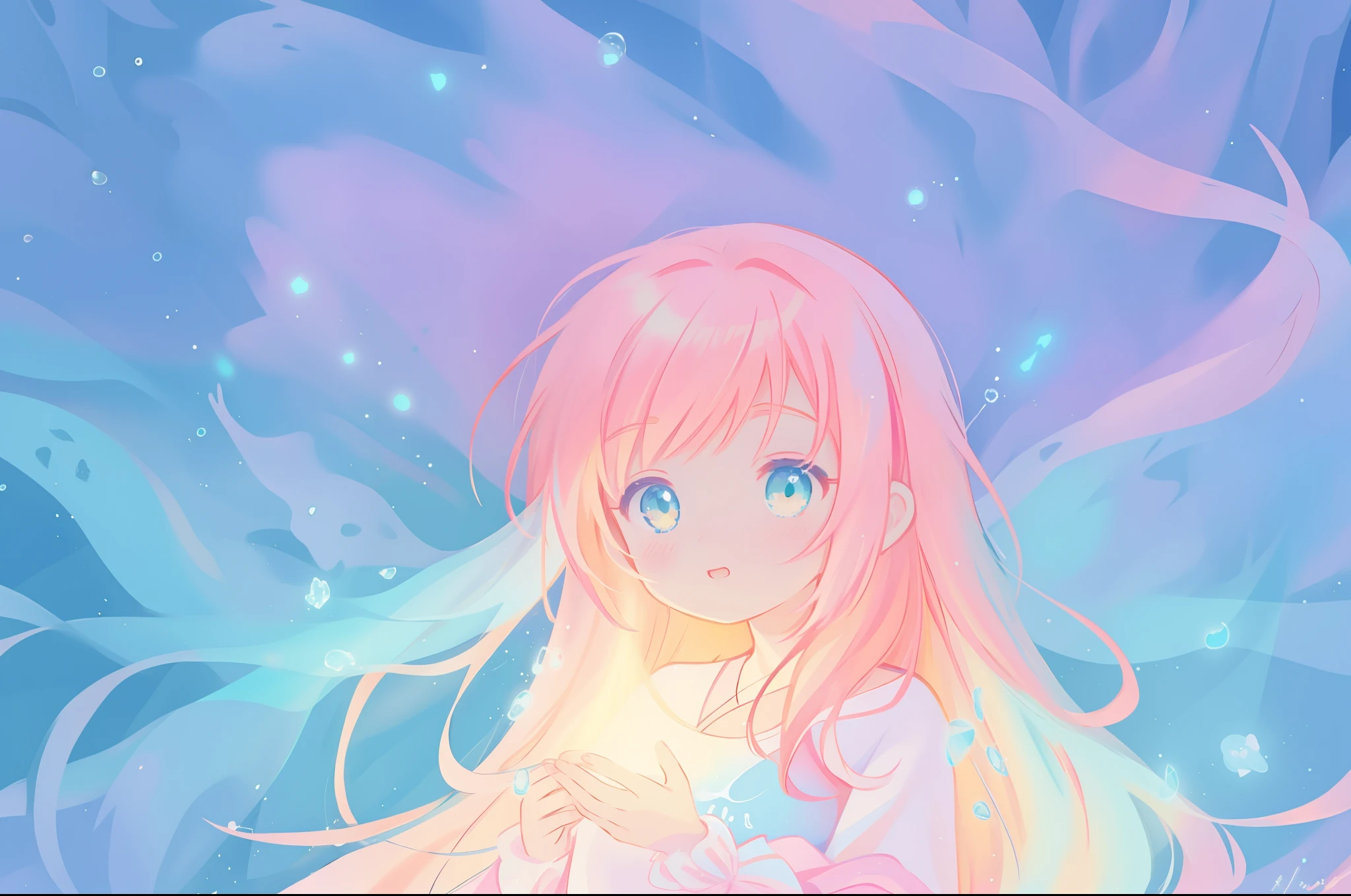 beautiful anime girl, inspired by Glen Keane, inspired by Lois van Baarle, (disney art style), by Lois van Baarle, glowing aura around her, by Glen Keane, jen bartel, glowing lights! digital painting, flowing glowing hair, glowing flowing hair, beautiful digital illustration, magical, whimsical, fantasia background, liquid ballgown, liquid hair, colorful