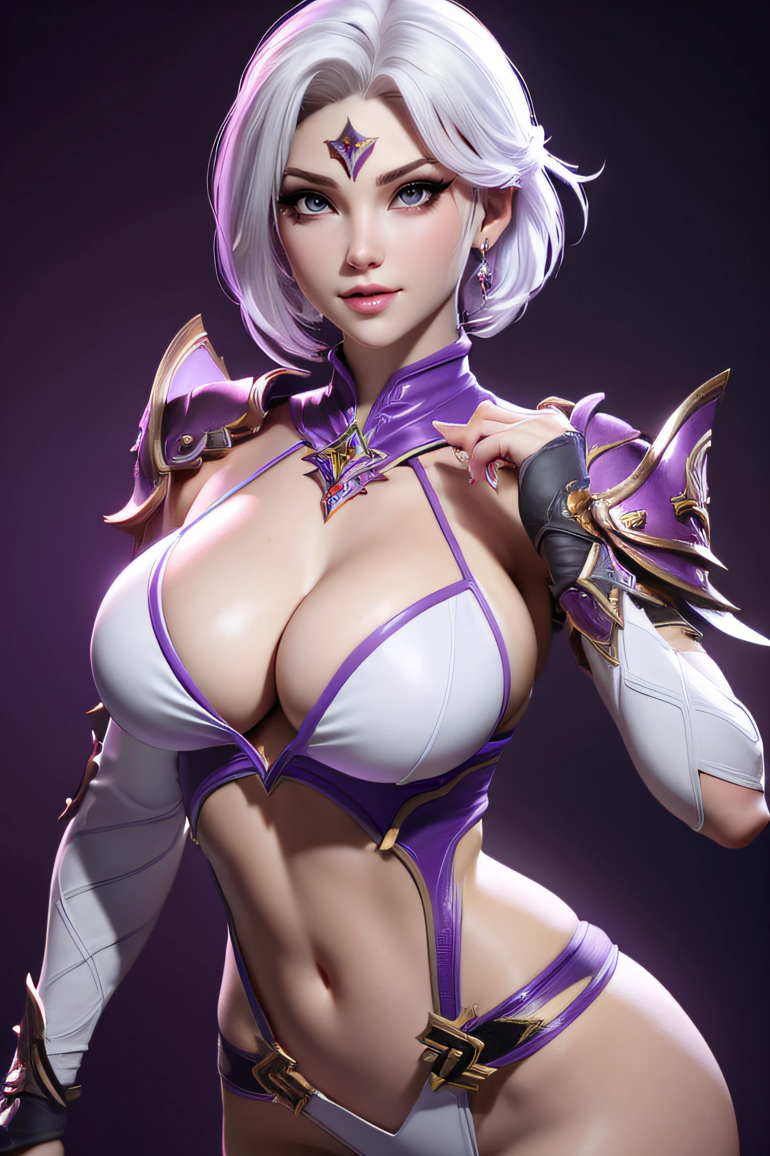 woman, ivy valentine from soul calibur, in china, medium breasts, cleavage, 4k quality, sexy, short hair, white hair, purple bikini