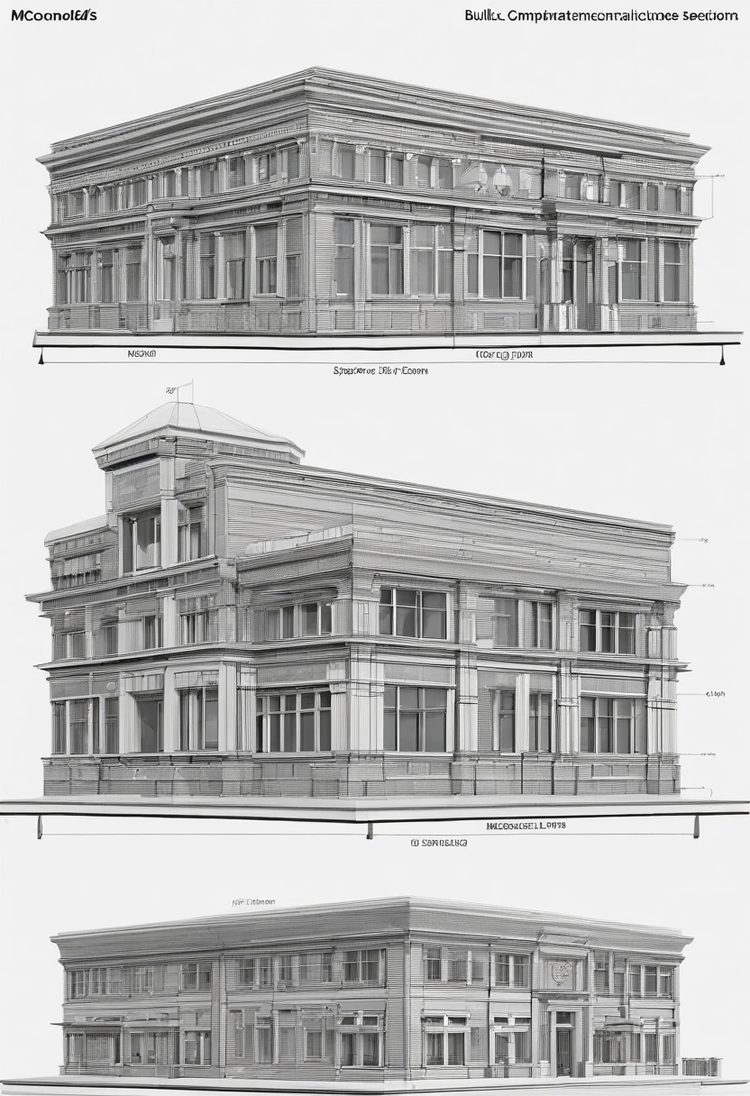 "Highly detailed architectural and mechanical 3D blueprints, Precise measurements and specifications, Complex mechanical parts, Accurately represent materials and textures, Technical drawings with clear annotations, Professional-grade detail and accuracy."mcdonalds，buliding