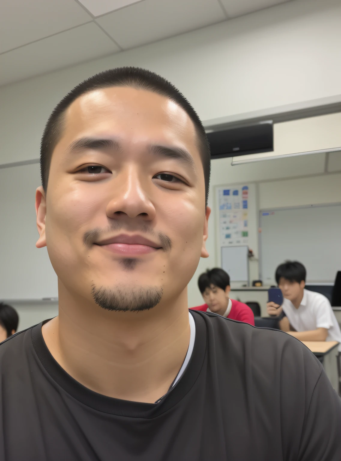 There is a man sitting with a mobile phone in a classroom, 8K selfie photo, Korean Male, SSAO 8 K, kousuke oono, heavy eyes to the side, slightly happy facial expression, joongwon charles jeong, with serious face expression, headshot photo, profile picture 1024px Japan Anime Style