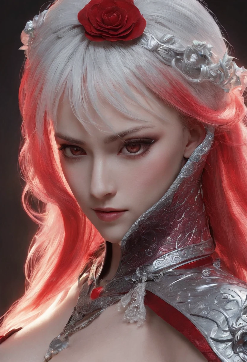 Cirilla Fiona Elen Riannon，Highest image quality，Outstanding details，超高分辨率，（Fidelity：1.4）, Favor the details，closeup cleavage，dawn，Snow，winter，Wizard Sword，He has a delicate and beautiful face，Red Japanese oni armor，Raised sexy，frontage，cyber punk perssonage，Futuristic，mechanically aesthetic，Virtual Engine 5，Perfect detail rendering，rendering by octane，hyper HD