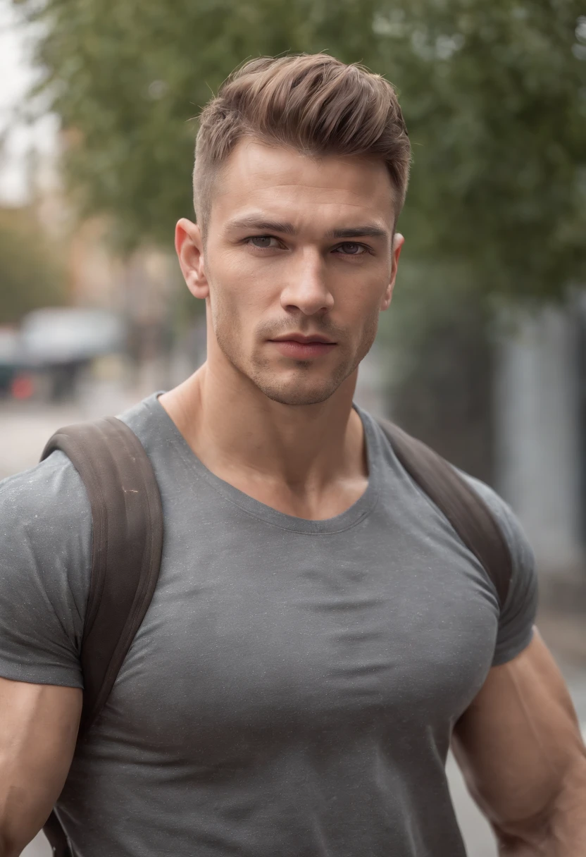 Strong muscular man, street rage, backpack, epic realism, photo, faded, complex stuff around, complex background, wet, neutral colors, ((((hdr)))), (((( muted colors)))), complex scene, artstation, intricate details, vignette