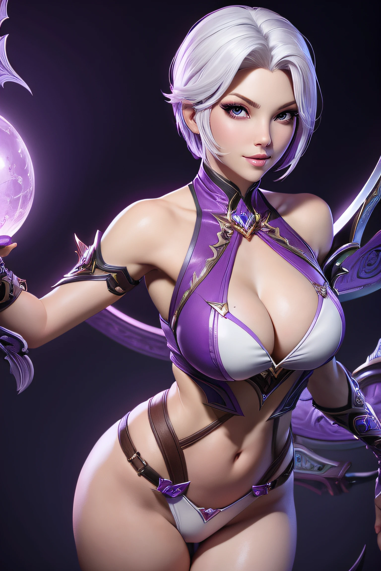 woman, ivy valentine from soul calibur, in china, medium breasts, cleavage, 4k quality, sexy, short hair, white hair, purple bikini