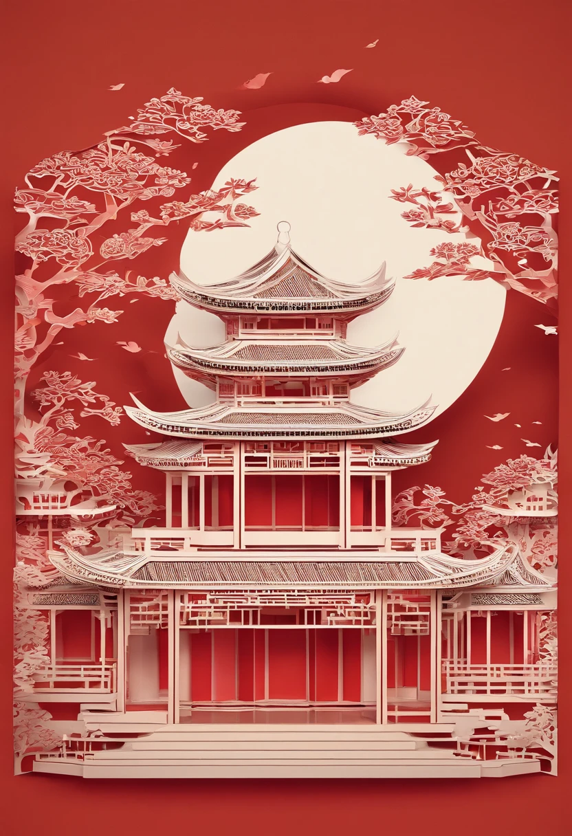 Masterpiece, Traditional Chinese style house,beautiful render of a fairytale, In the style of paper art, painting of beautiful, beautiful as the moon, A very complex masterpiece, Beautiful and intricate red masterpiece, multi-layer, mysterious, Castle