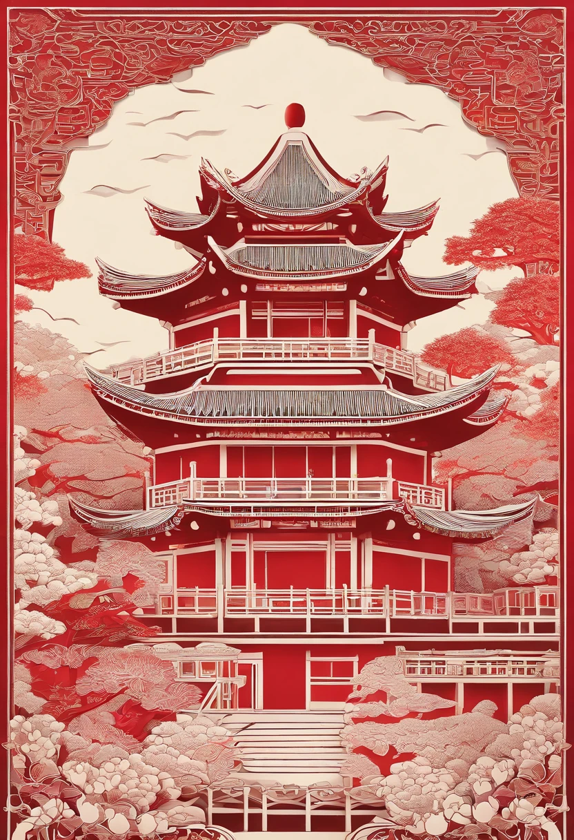 Masterpiece, Traditional Chinese style house,beautiful render of a fairytale, In the style of paper art, painting of beautiful, beautiful as the moon, A very complex masterpiece, Beautiful and intricate red masterpiece, multi-layer, mysterious, Castle