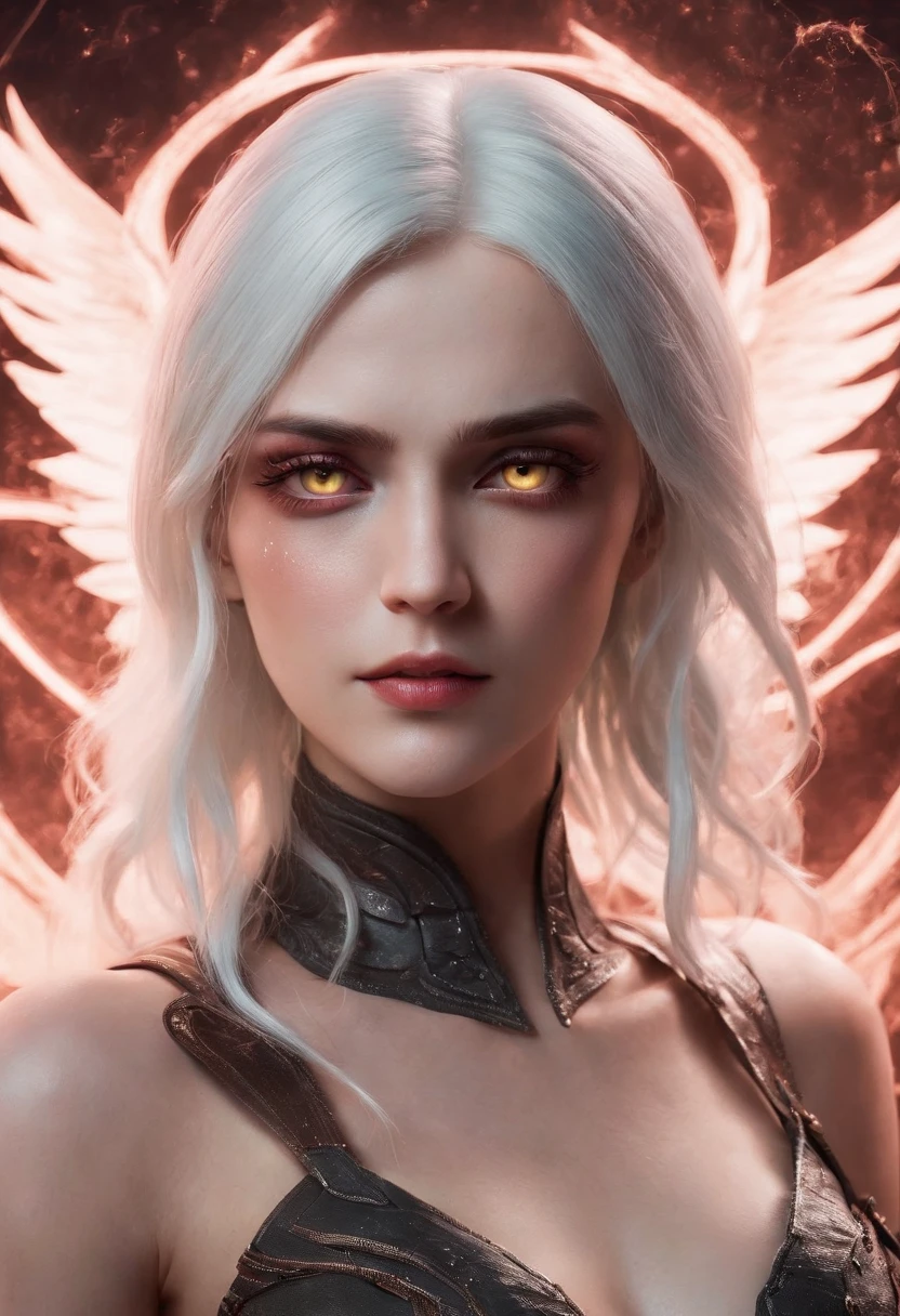 Cirilla Fiona Elen Riannon,Cosmic Fallen Angel, glowing light eyes, Delicate and beautiful face,Bigchest,Biomechanical, eerie, Dream-like, Very bright colors, Light particles, with light glowing, Lucifer, wallpaper art, UHD wallpaper