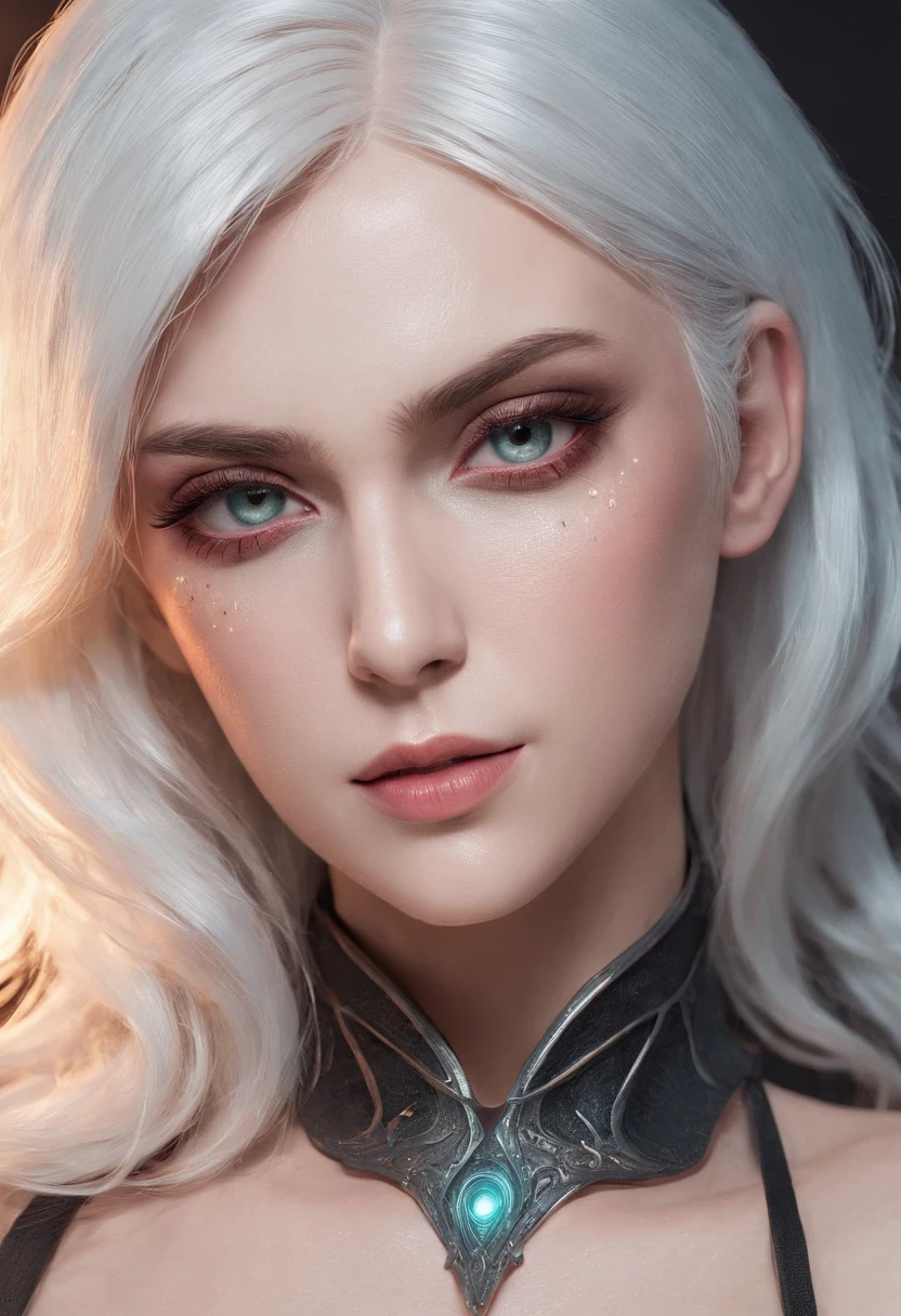 Cirilla Fiona Elen Riannon,Cosmic Fallen Angel, glowing light eyes, Delicate and beautiful face,Bigchest,Biomechanical, eerie, Dream-like, Very bright colors, Light particles, with light glowing, Lucifer, wallpaper art, UHD wallpaper