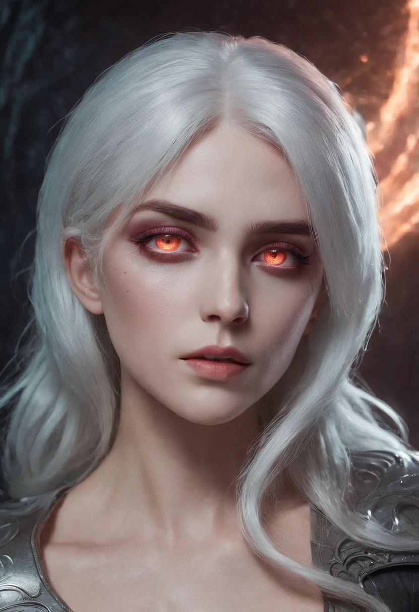 Cirilla Fiona Elen Riannon,Cosmic Fallen Angel, glowing light eyes, Delicate and beautiful face,Bigchest,Biomechanical, eerie, Dream-like, Very bright colors, Light particles, with light glowing, Lucifer, wallpaper art, UHD wallpaper