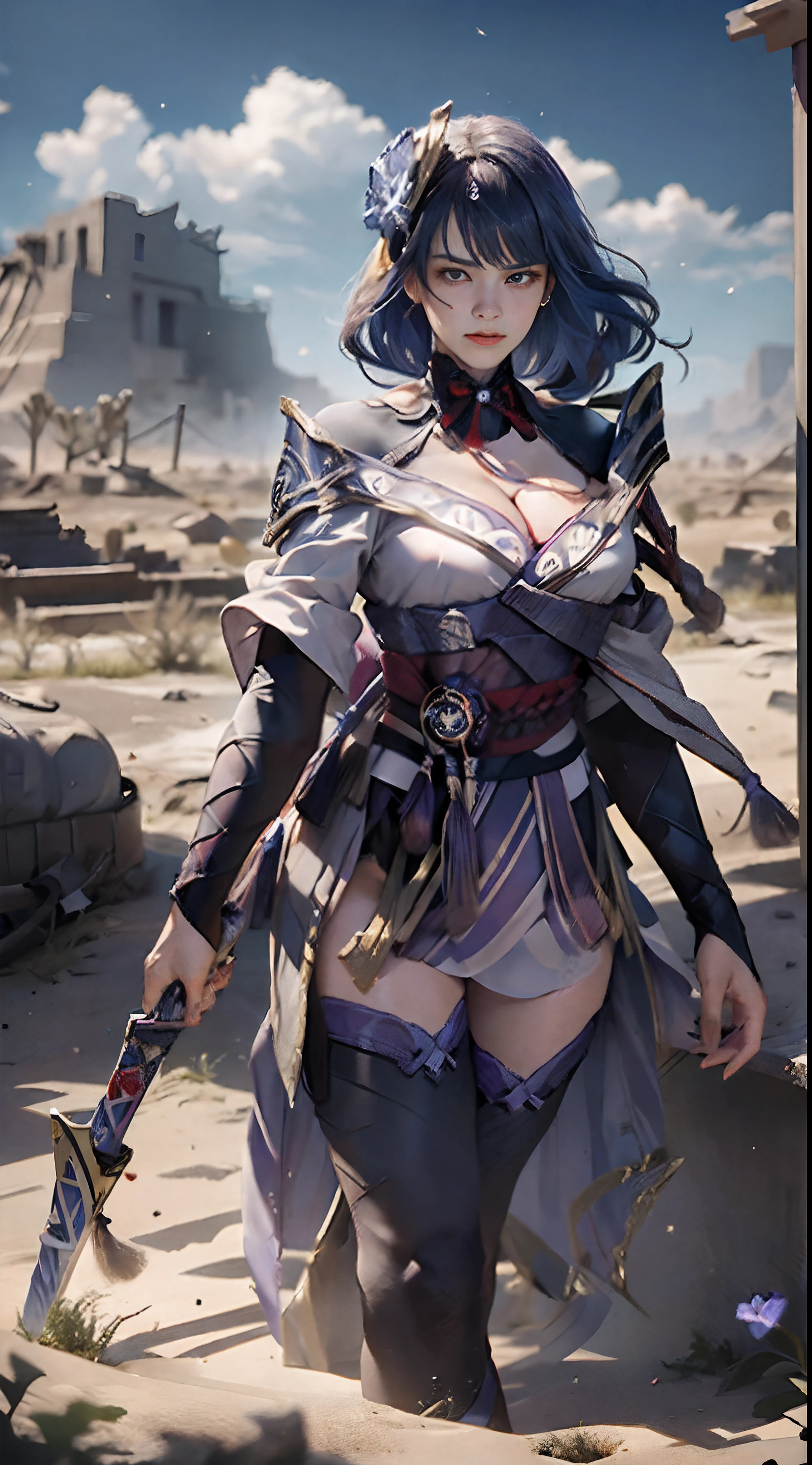 8k wallpaper，ultra - detailed，rich details​，ultraclear，8K,，Best quality at best，best qualtiy，mistic，1 female warrior，Black armor，Ancient japanese general armor，（（（Sword in hand））），facing to audience，(((A withered battlefield，废墟，run-down,Wasteland，barren，A desert)))，Sadness outside，battlefiled，ancient battle field，，（（the night，Dimly lit，Dark 1.3）），Bust composition