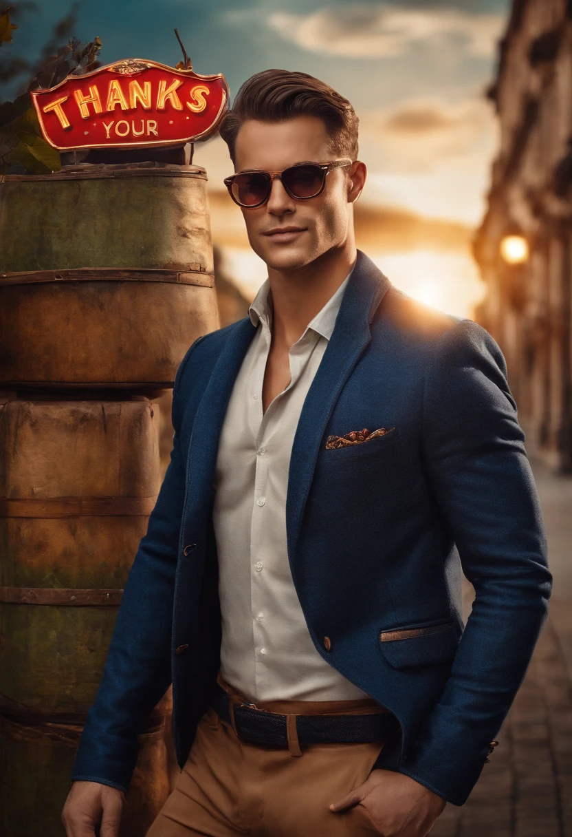 Produce an image featuring a handsome gentleman dressed in a fashionable jacket and jeans. He should be wearing eyeglasses and holding a creatively designed sign with the message 'Thanks for your heartfelt wishes.'