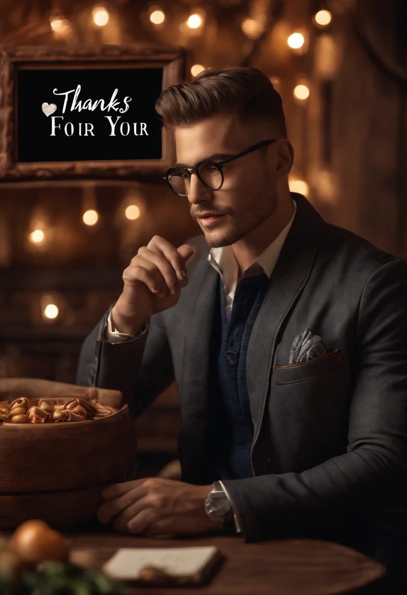 Produce an image featuring a handsome gentleman dressed in a fashionable jacket and jeans. He should be wearing eyeglasses and holding a creatively designed sign with the message 'Thanks for your heartfelt wishes.'
