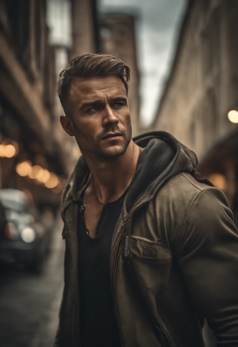 Strong muscular man, street rage, backpack, epic realism, photo, faded, complex stuff around, complex background, wet, neutral colors, ((((hdr)))), (((( muted colors)))), complex scene, artstation, intricate details, vignette