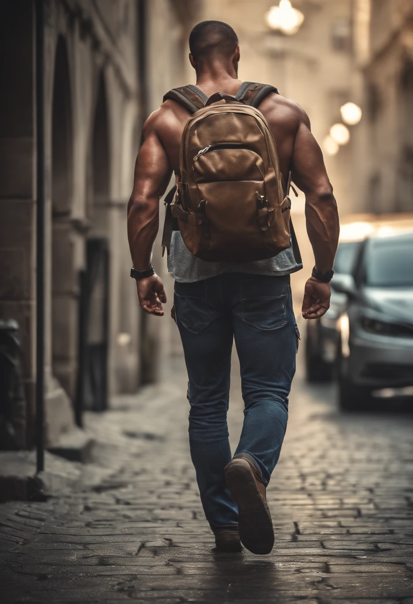 Strong muscular man, street rage, backpack, epic realism, photo, faded, complex stuff around, complex background, wet, neutral colors, ((((hdr)))), (((( muted colors)))), complex scene, artstation, intricate details, vignette