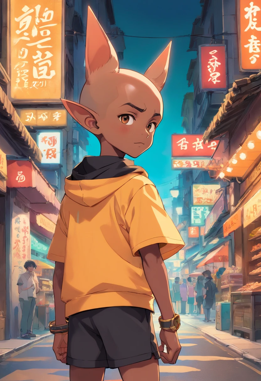 Batboy Boy, (Pointy Ears Caramel Brown skin Black boy moor, Bald Hairstyle::8 ), Streetwear, Full Slime Body, colors neon, risa loca, malvada, Hair::-10