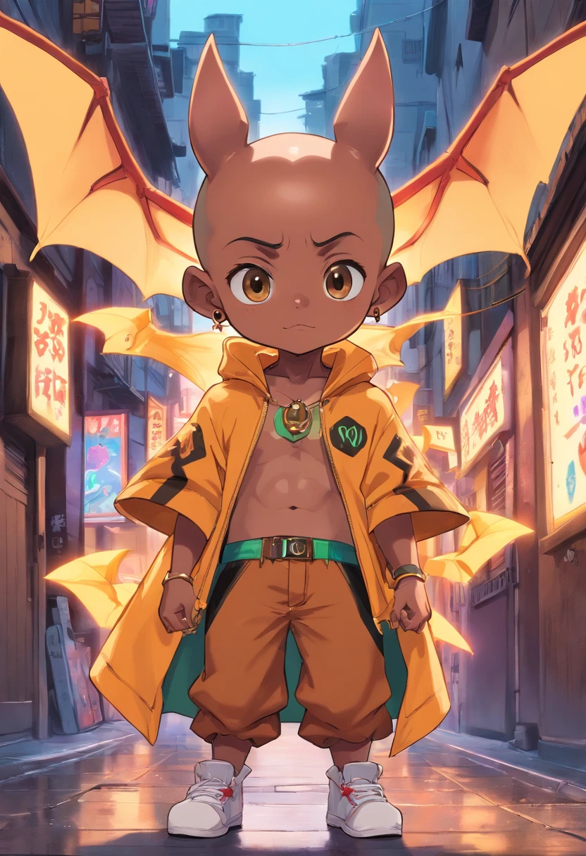 Batboy Boy, (Pointy Ears Caramel Brown skin Black boy moor, Bald Hairstyle::8 ), Streetwear, Full Slime Body, colors neon, risa loca, malvada, Hair::-10