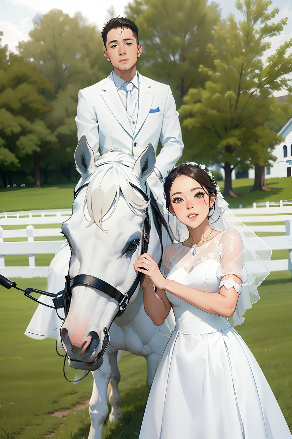 The bride and groom on the grass，The bride wears a white dress，an all white horse