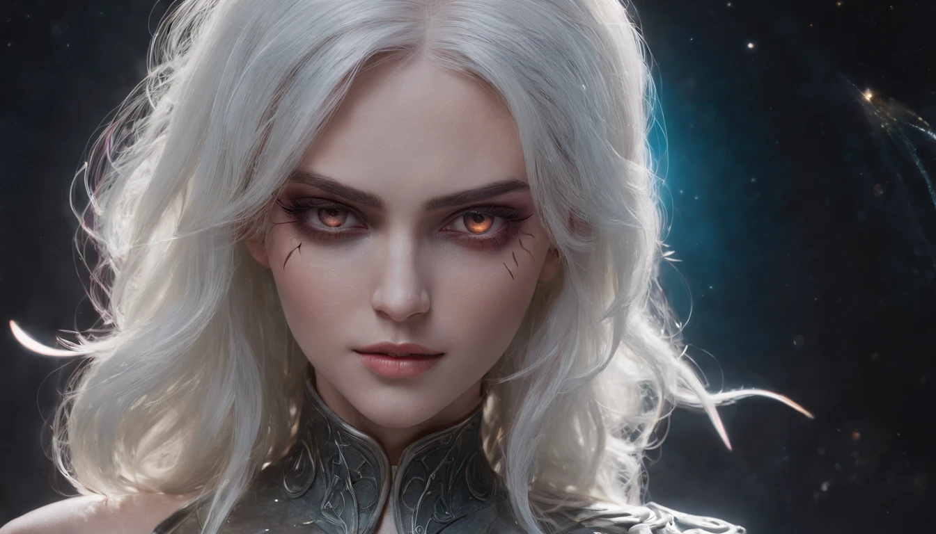 Cirilla Fiona Elen Riannon，Cosmic Fallen Angel, glowing light eyes, Delicate and beautiful face，Bigchest，Biomechanical, eerie, Dream-like, Very bright colors, Light particles, with light glowing, Lucifer, wallpaper art, UHD wallpaper