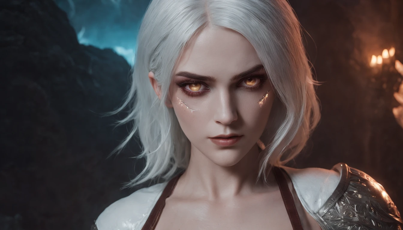 Cirilla Fiona Elen Riannon,Cosmic Fallen Angel, glowing light eyes, Delicate and beautiful face,Bigchest,Biomechanical, eerie, Dream-like, Very bright colors, Light particles, with light glowing, Lucifer, wallpaper art, UHD wallpaper