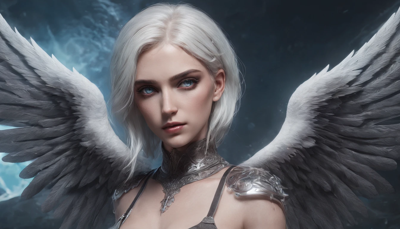 Cirilla Fiona Elen Riannon，Cosmic Fallen Angel, glowing light eyes, Delicate and beautiful face，Bigchest，Biomechanical, eerie, Dream-like, Very bright colors, Light particles, with light glowing, Lucifer, wallpaper art, UHD wallpaper