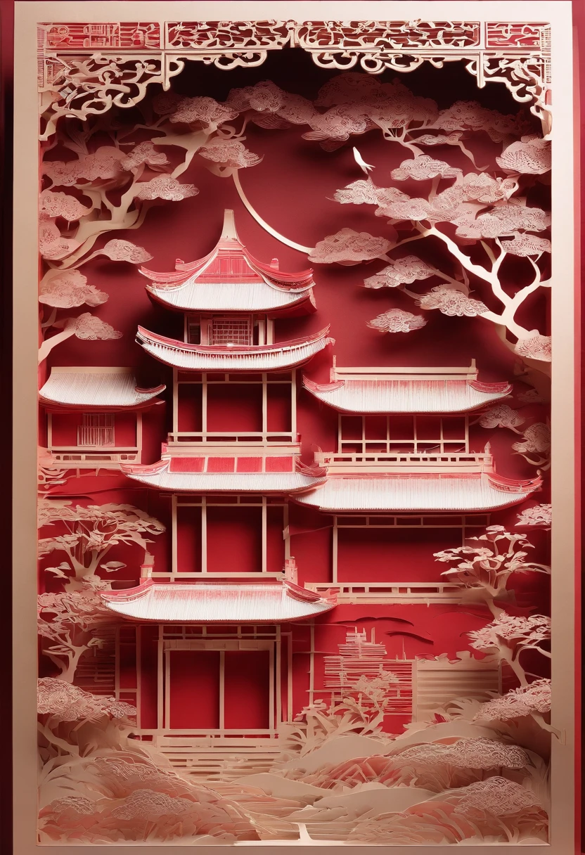 Masterpiece, Traditional Chinese style house,beautiful render of a fairytale, In the style of paper art, painting of beautiful, beautiful as the moon, A very complex masterpiece, Beautiful and intricate red masterpiece, multi-layer, mysterious, Castle
