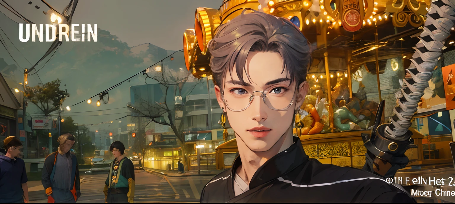 absurd, high-res, hyper-detailed, texture detail, clear presentation, HD details, detail performance, finely detail, Clear face, precise restoration, clear eyeballs, (1man: 1.3), hand-drawn, Simple lines, an 18-year-old man in colorful Hanfu, City of Shibuya、 masterpiece, outdoors, Boy、handsome man、night、handsome、A Man、Boy、Short hair、Silver earrings