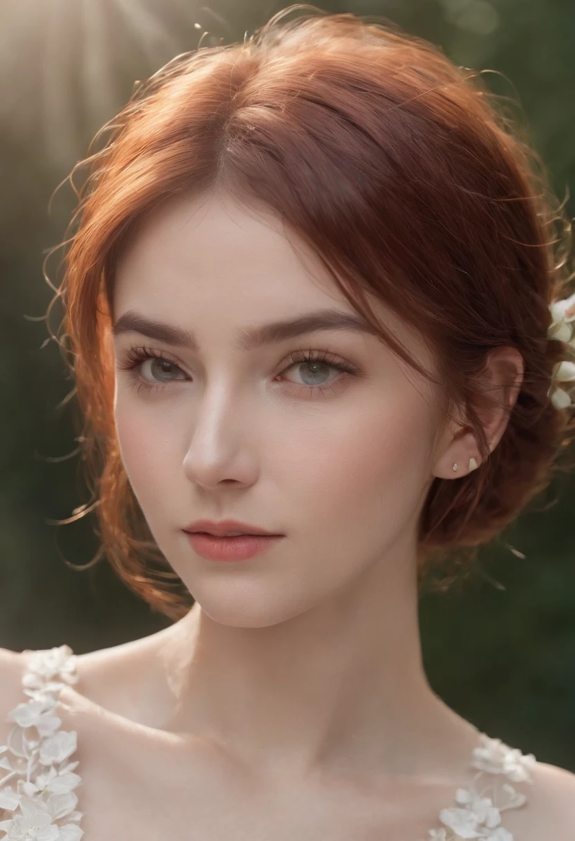 photoshoot of deborahWolf1, (redhair), (short hair cut),detailed skin texture, (blush:0.2), (goosebumps:0.3), (white floral dress), subsurface scattering, Photorealistic, Hyperrealistic, Hyperdetailed, analog style, hip cocked, demure, detailed skin, matte skin, soft lighting, subsurface scattering, realistic, heavy shadow, masterpiece, best quality, ultra realistic, 8k, golden ratio, Intricate, High Detail, film photography, soft focus,upper body