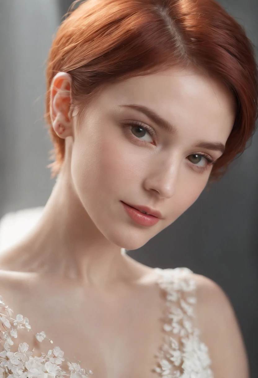 photoshoot of deborahWolf1, (redhair), (short hair cut),detailed skin texture, (blush:0.2), (goosebumps:0.3), (white floral dress), subsurface scattering, Photorealistic, Hyperrealistic, Hyperdetailed, analog style, hip cocked, demure, detailed skin, matte skin, soft lighting, subsurface scattering, realistic, heavy shadow, masterpiece, best quality, ultra realistic, 8k, golden ratio, Intricate, High Detail, film photography, soft focus,upper body