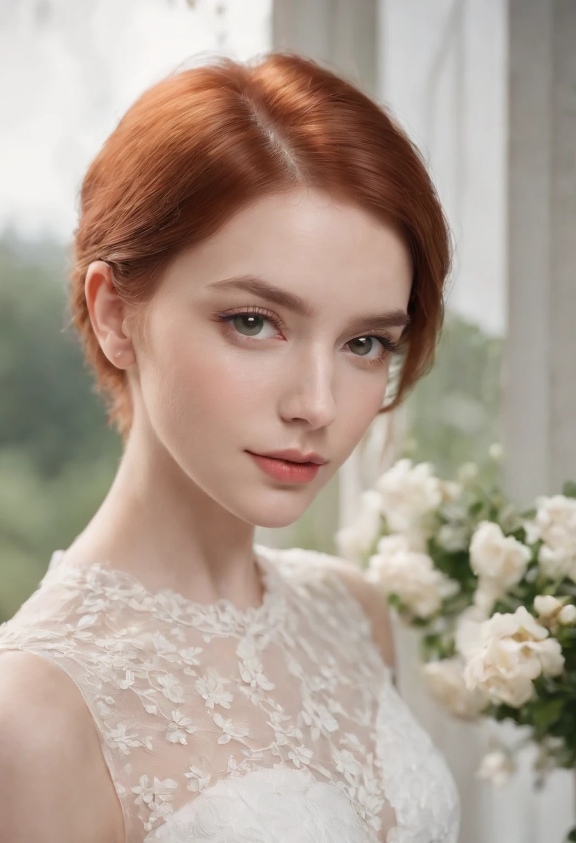 photoshoot of deborahWolf1, (redhair), (short hair ),sweet,detailed skin texture, (blush:0.2), (goosebumps:0.3), (white floral dress), subsurface scattering, Photorealistic, Hyperrealistic, analog style,demure, detailed skin, matte skin, soft lighting, subsurface scattering, realistic, heavy shadow, masterpiece, best quality, ultra realistic, 8k, golden ratio, Intricate, High Detail, film photography, soft focus,upper body