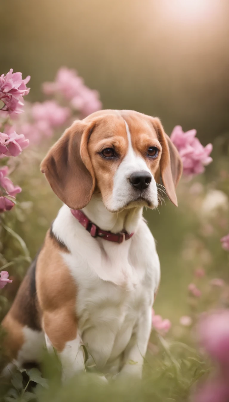 beagle pet animal in the flowers in spring, in the style of agustín fernández, dark pink and beige, colorized --ar 9:16 --v 5