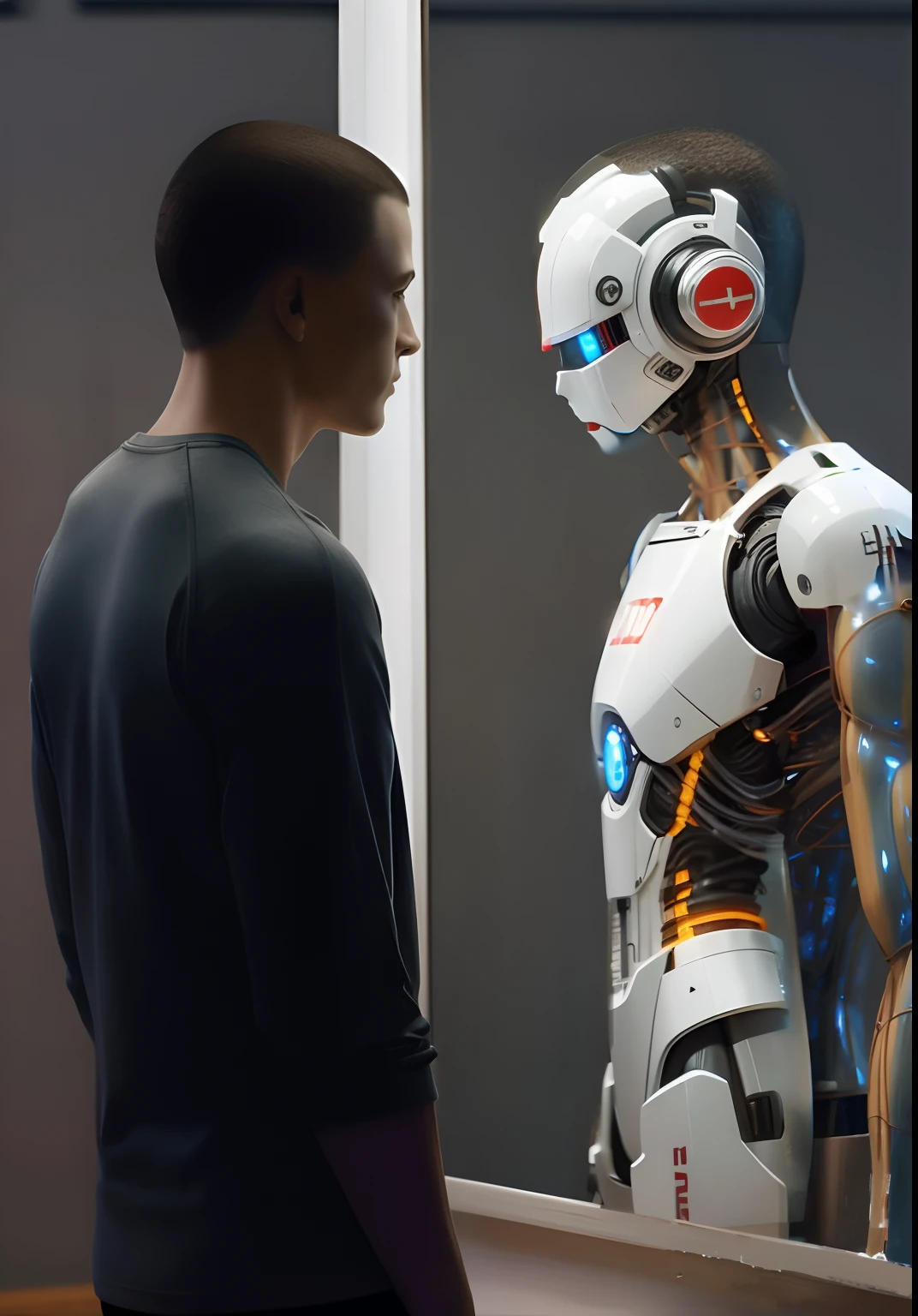 A female robot trying to conquer a naked man