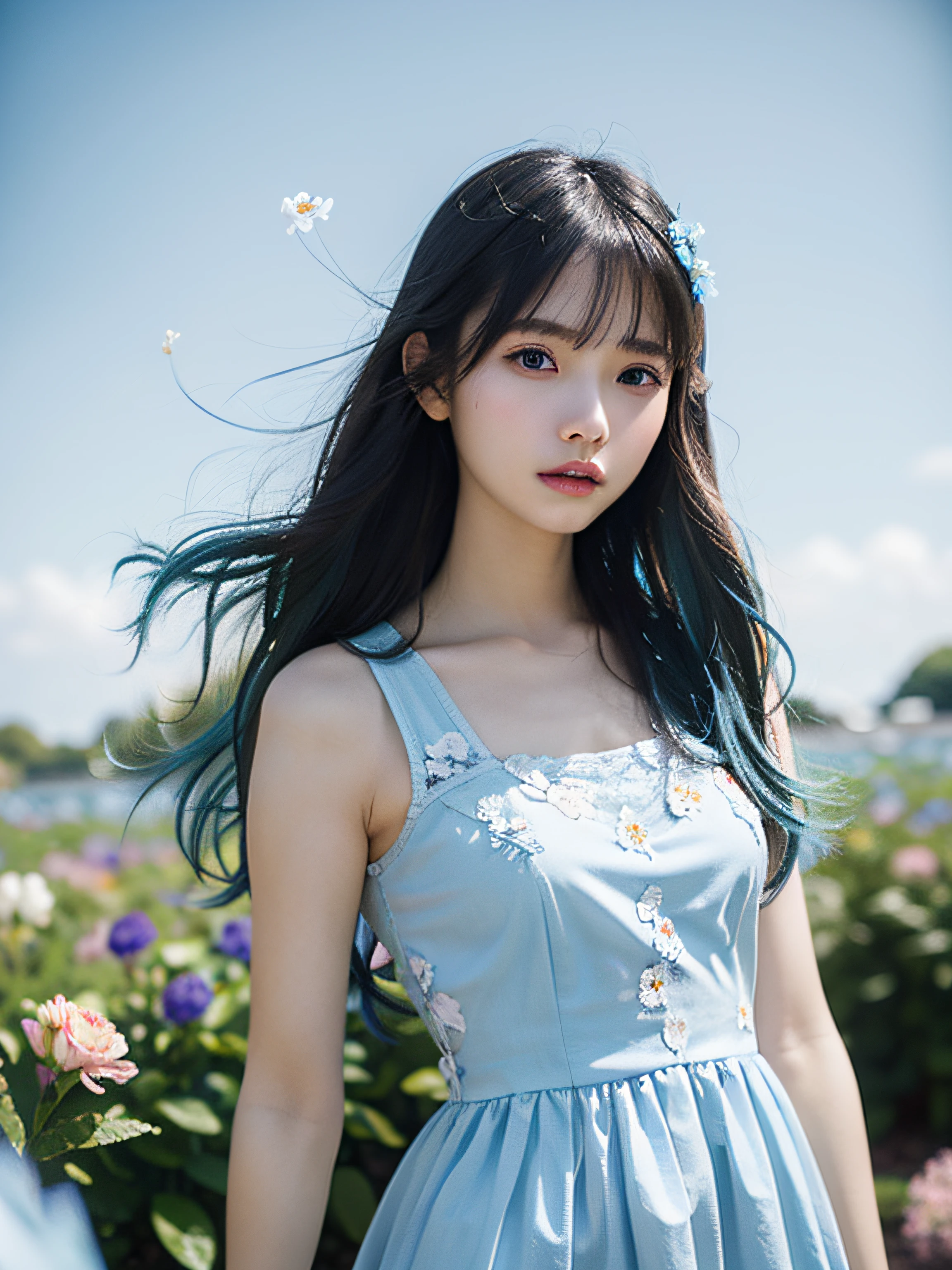 (absurderes, hight resolution, ultra-detailliert, nffsw, Cinematic), Solo, 1girl in, 18year old, White flared chiffon short dress flutters, Girl Standing In A Light Blue Flower Garden, Light blue petals surrounding a girl, slenderbody、tiny chest、Full body, Girl with long blue hair, Light blue hair, Fantasy, Dreamy, yuki, Official art, pop-art, profile, hyperdetailed face, Ultra detailed eyes, Light blue flower garden, Ultra-detailed field, White blue sky, Cold, Light blue, white, Nebulae in the sky, Blue tree, watercolor paiting, pastel color