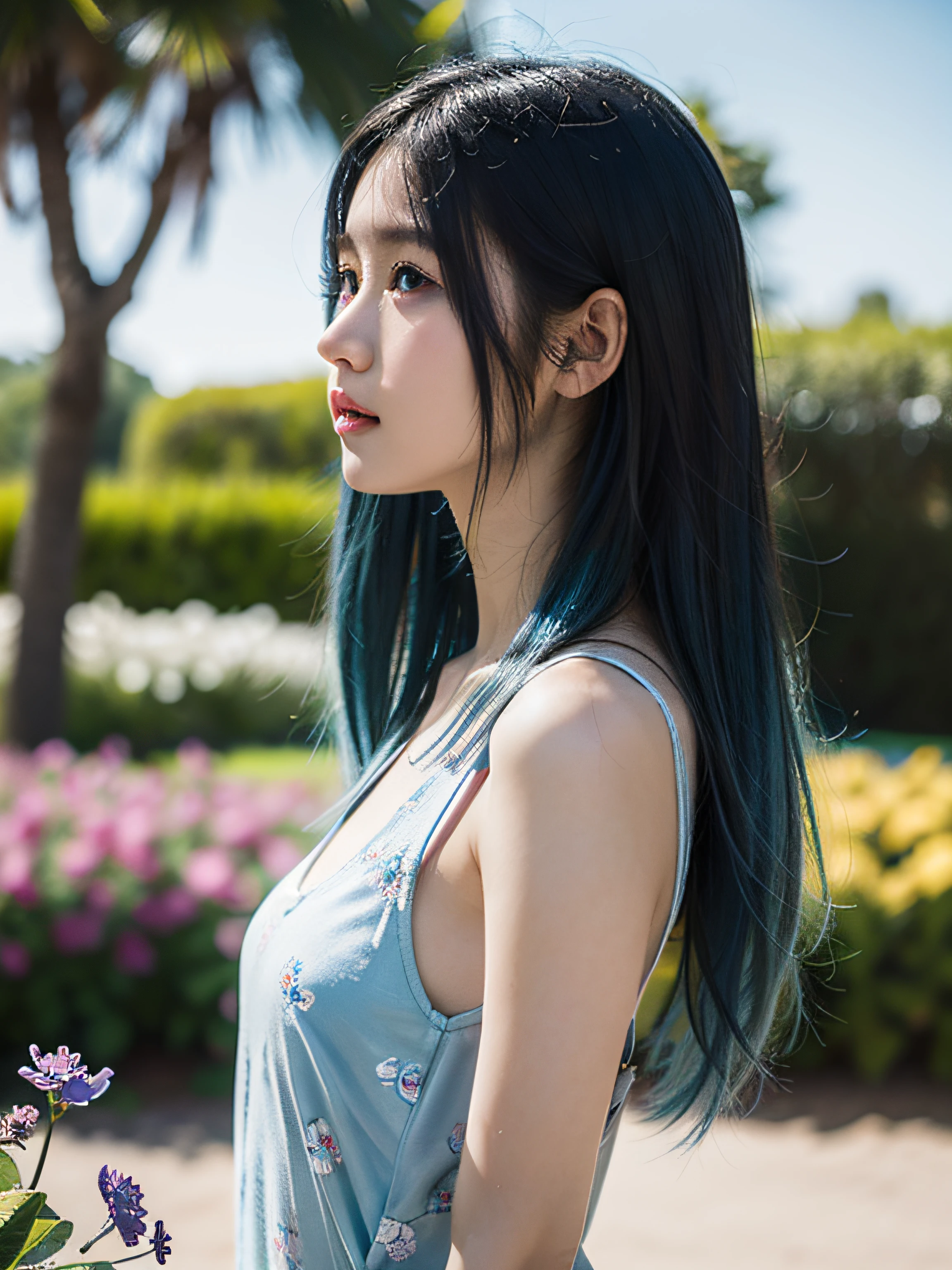 realistic photo of sexy Korean girl with blue hair (((very small round breasts))) big ass green eyes and open mouth with tongue out standing ((((fully naked)))) posing in an exciting way (((nude)))