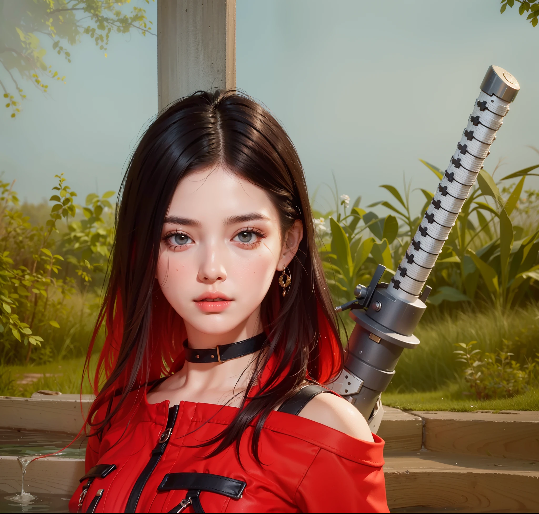 Best quality, masterpiece, big boobs, (large breasts), detailed skin texture, detailed cloth texture, detailed face, super detail, 8k, intricate detail, 1girl, red black hair