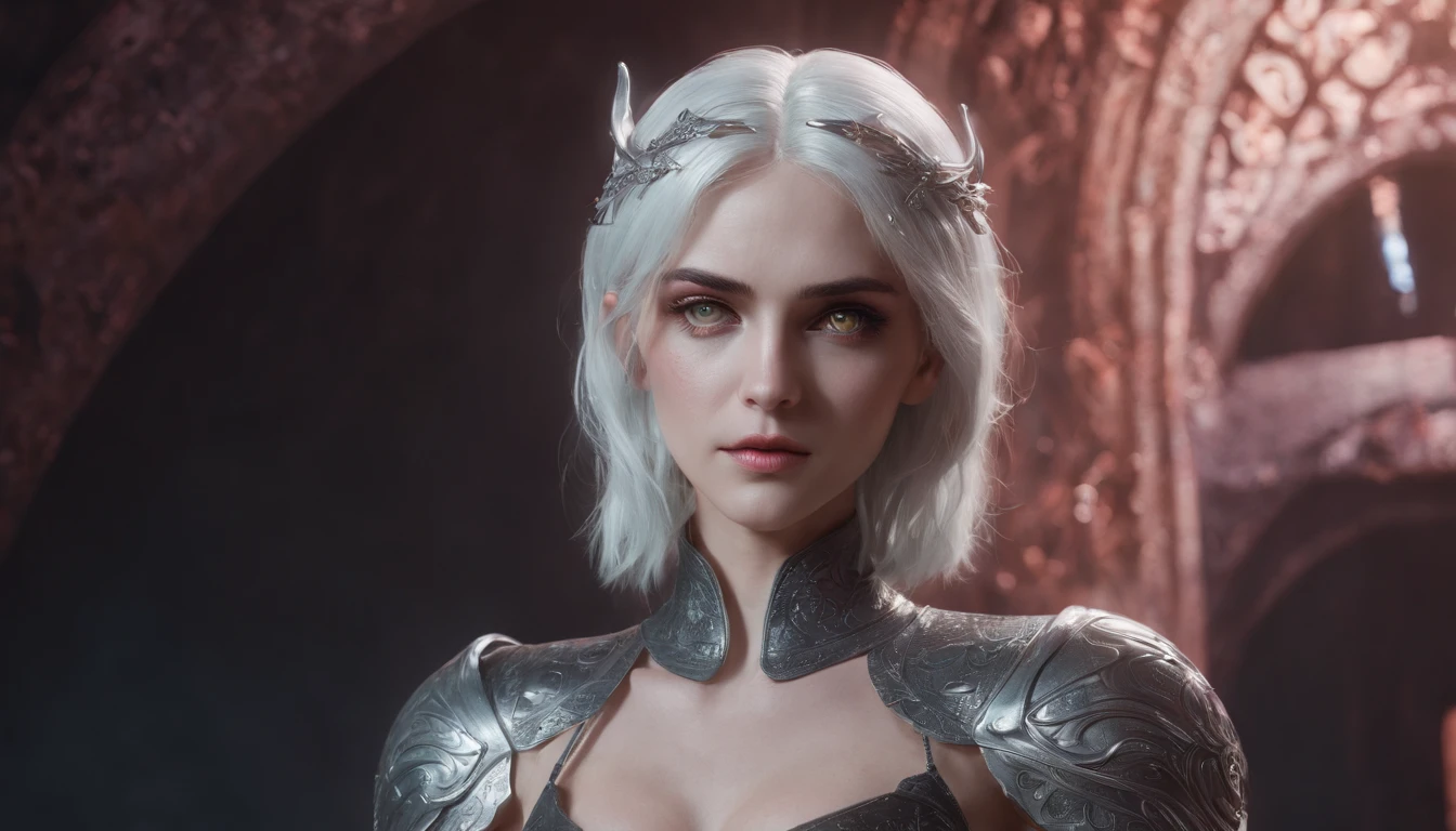 Cirilla Fiona Elen Riannon,Cosmic Fallen Angel, glowing light eyes, Delicate and beautiful face,Bigchest,Biomechanical, eerie, Dream-like, Very bright colors, Light particles, with light glowing, Lucifer, wallpaper art, UHD wallpaper