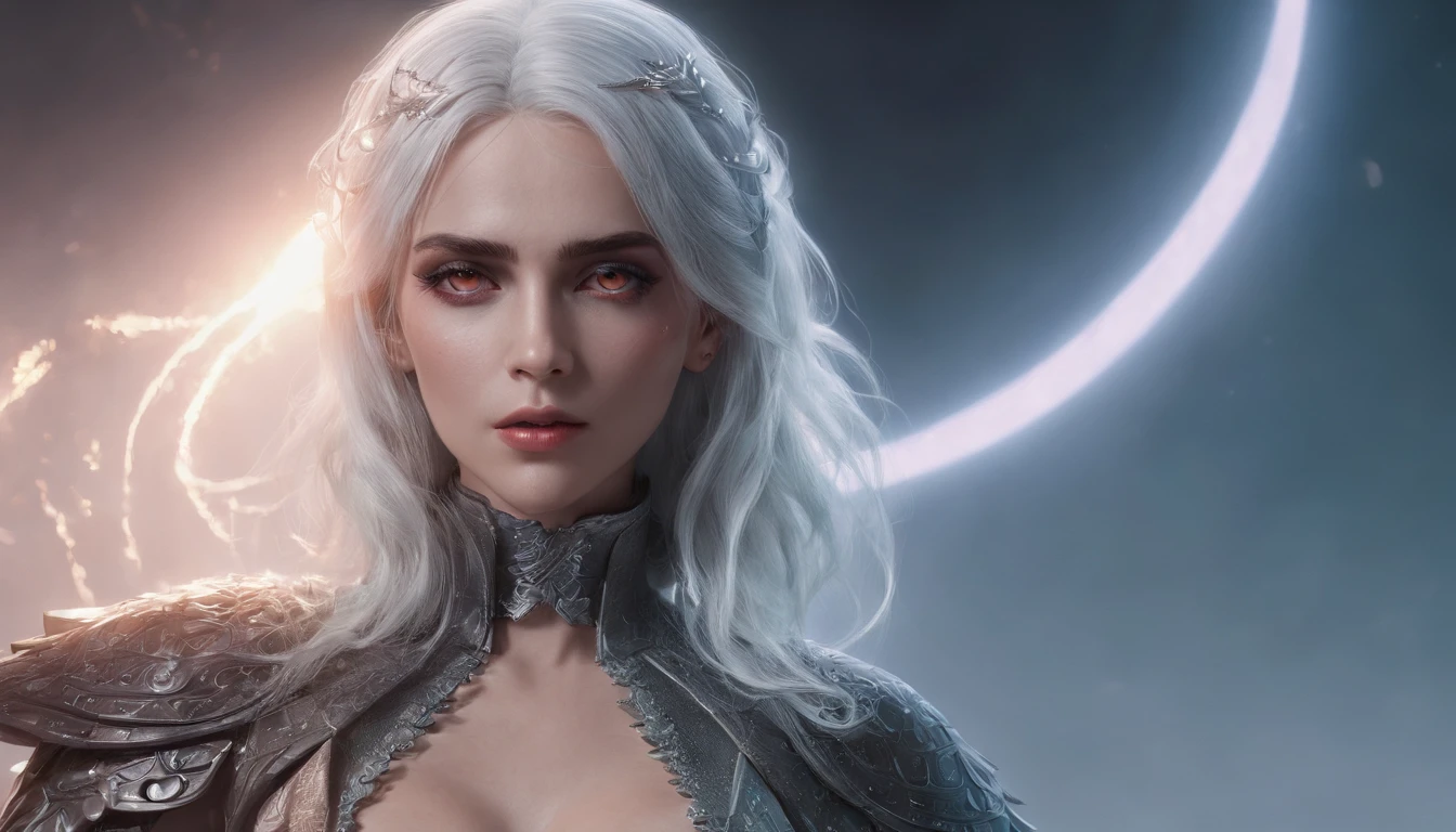 Cirilla Fiona Elen Riannon,Cosmic Fallen Angel, glowing light eyes, Delicate and beautiful face,Bigchest,Biomechanical, eerie, Dream-like, Very bright colors, Light particles, with light glowing, Lucifer, wallpaper art, UHD wallpaper