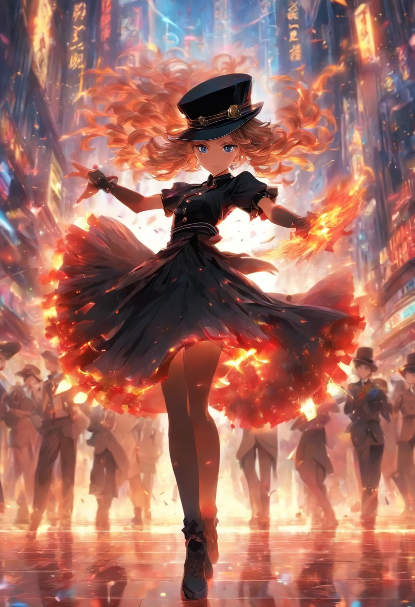 8620 (Dancing iron),8620 (uniform),Masterpiece, Best quality, Ultra-detailed, illustration,Black dress,Hat,Looking back,:D,White background,((eyes highlights))