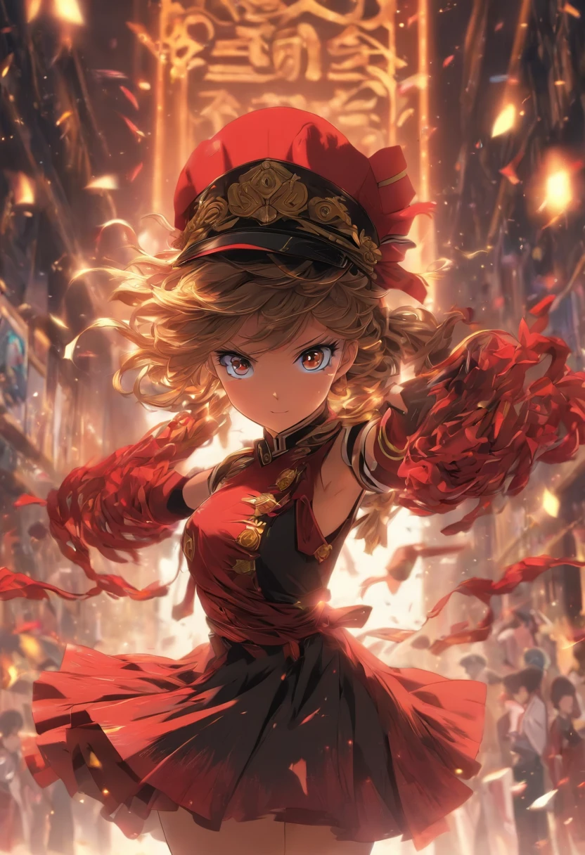 8620 (Dancing iron),8620 (uniform),Masterpiece, Best quality, Ultra-detailed, illustration,Black dress,Hat,Looking back,:D,White background,((eyes highlights))