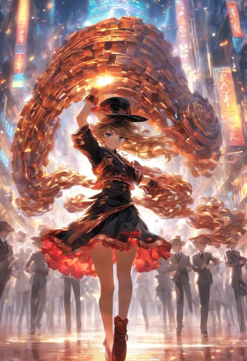 8620 (Dancing iron),8620 (uniform),Masterpiece, Best quality, Ultra-detailed, illustration,Black dress,Hat,Looking back,:D,White background,((eyes highlights))