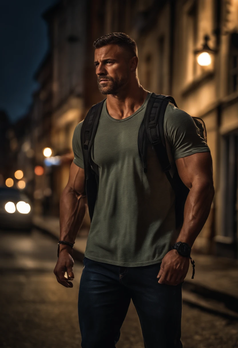 Strong muscular man, street rage, backpack, epic realism, photo, faded, complex stuff around, complex background, wet, neutral colors, ((((hdr)))), (((( muted colors)))), complex scene, artstation, intricate details, vignette