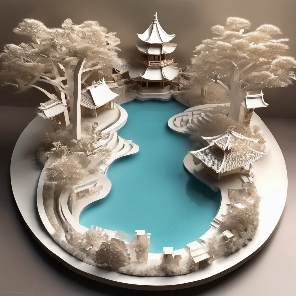 （isometry：1.5），1 Chinese house model，1 pond，lotuses，（white backgrounid：1.2，），panoramic photo，globalillumination，（Ray traching，hdr，unreal render，Rational design，tmasterpiece，best qualtiy，hyper HD，cinmatic lighting）
