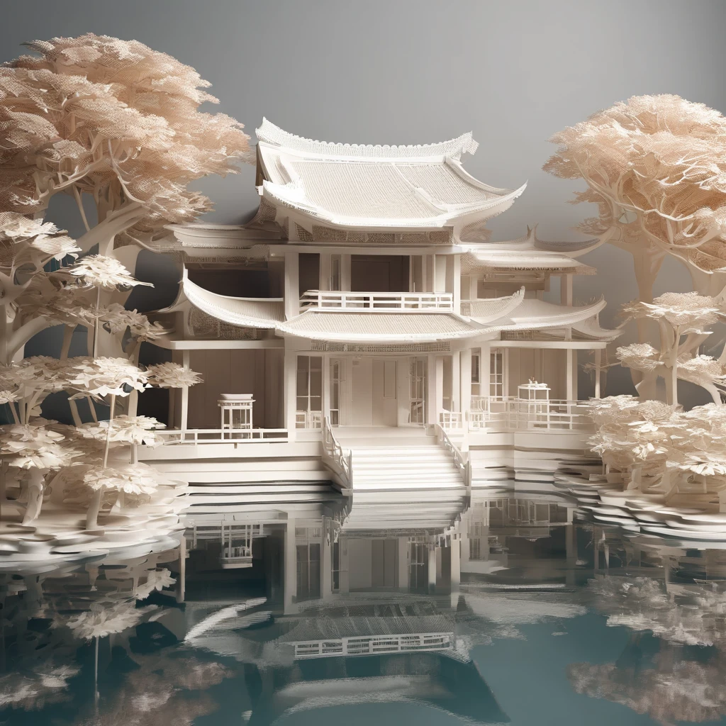 （isometry：1.5），1 Chinese house model，1 pond，lotuses，（white backgrounid：1.2，），panoramic photo，globalillumination，（Ray traching，hdr，unreal render，Rational design，tmasterpiece，best qualtiy，hyper HD，cinmatic lighting）