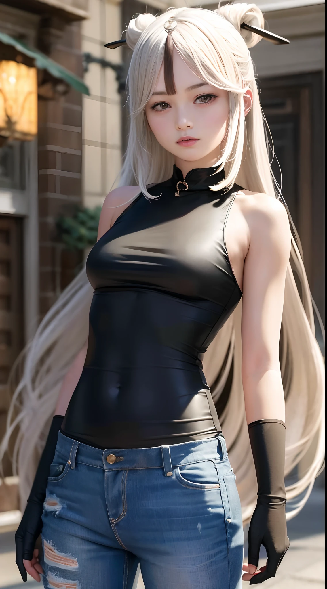 ((medium breast, tomboy girls, small head)), daylight, sunlight, (chiseled abs : 1.1), (perfect body : 1.1), (long straight hair : 1.2) , silver hair, collar, chain, full body shot, crowded street, wearing black tanktop, jeans jacket, ((shorts)), (extremely detailed CG 8k wallpaper), (an extremely delicate and beautiful), (masterpiece), (best quality:1.0), (ultra highres:1.0),  beautiful lighting ,perfect lightning, realistic shadows, [high res], detailed skin, ultra-detailed