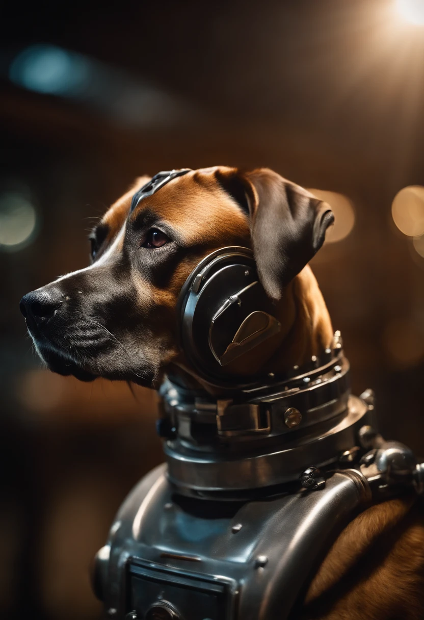 Photo of portrait of a muscular bearded dog in a used mechanical suit, ((bokeh claro)), intrincado, (steel metal [ferrugem]), Sharp and elegant focus, foto de greg rutkowski, soft-lighting, cores vibrantes, obra-prima, ((ruas )), rosto detalhado