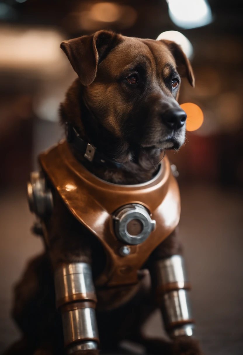 Photo of portrait of a muscular bearded dog in a used mechanical suit, ((bokeh claro)), intrincado, (steel metal [ferrugem]), Sharp and elegant focus, foto de greg rutkowski, soft-lighting, cores vibrantes, obra-prima, ((ruas )), rosto detalhado