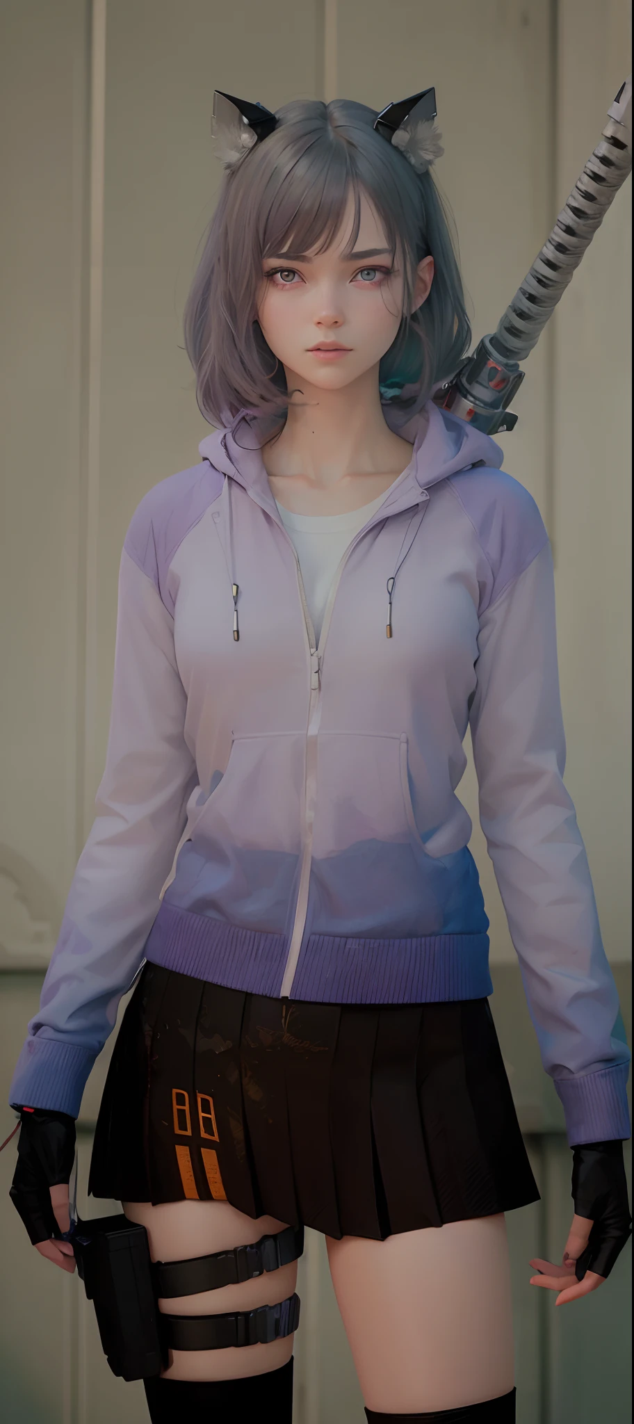 work of art, best quality image, Extreme vividness, Anime girl with curly ponytail, small figure, white functional coat, mic, blue-purple gradient ski goggles, cyber punk, gray hair, natural casual style, dynamic posture, Golden Section, portrait with wide aperture, Cool tones, Strong Visual Impact, blank space, light andshade contrast, SUPERTEXTURA, sunset glow, super clear image, simple image