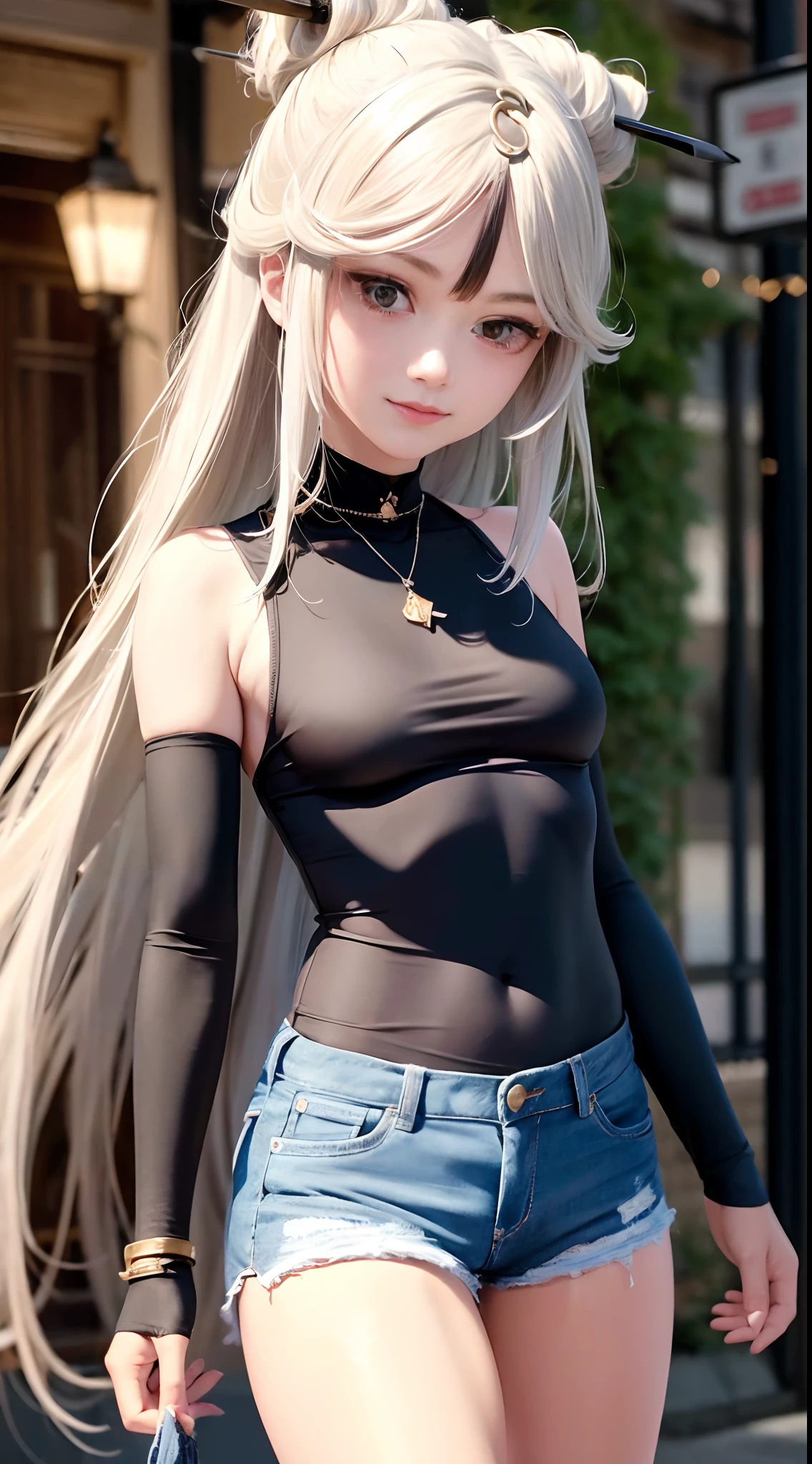 ((medium breast, tomboy girls, small head)), daylight, sunlight, (chiseled abs : 1.1), (perfect body : 1.1), (long straight hair : 1.2) , silver hair, collar, chain, full body shot, crowded street, wearing black tanktop, jeans jacket, ((shorts)), (extremely detailed CG 8k wallpaper), (an extremely delicate and beautiful), (masterpiece), (best quality:1.0), (ultra highres:1.0),  beautiful lighting ,perfect lightning, realistic shadows, [high res], detailed skin, ultra-detailed